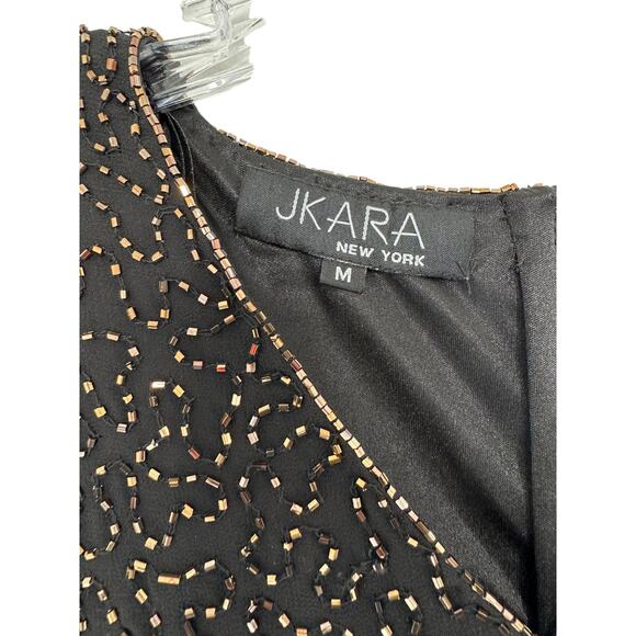 JKara Gold Black Beaded V-Neck Dressy Party Formal Evening Blouse Size Medium - Picture 2 of 15
